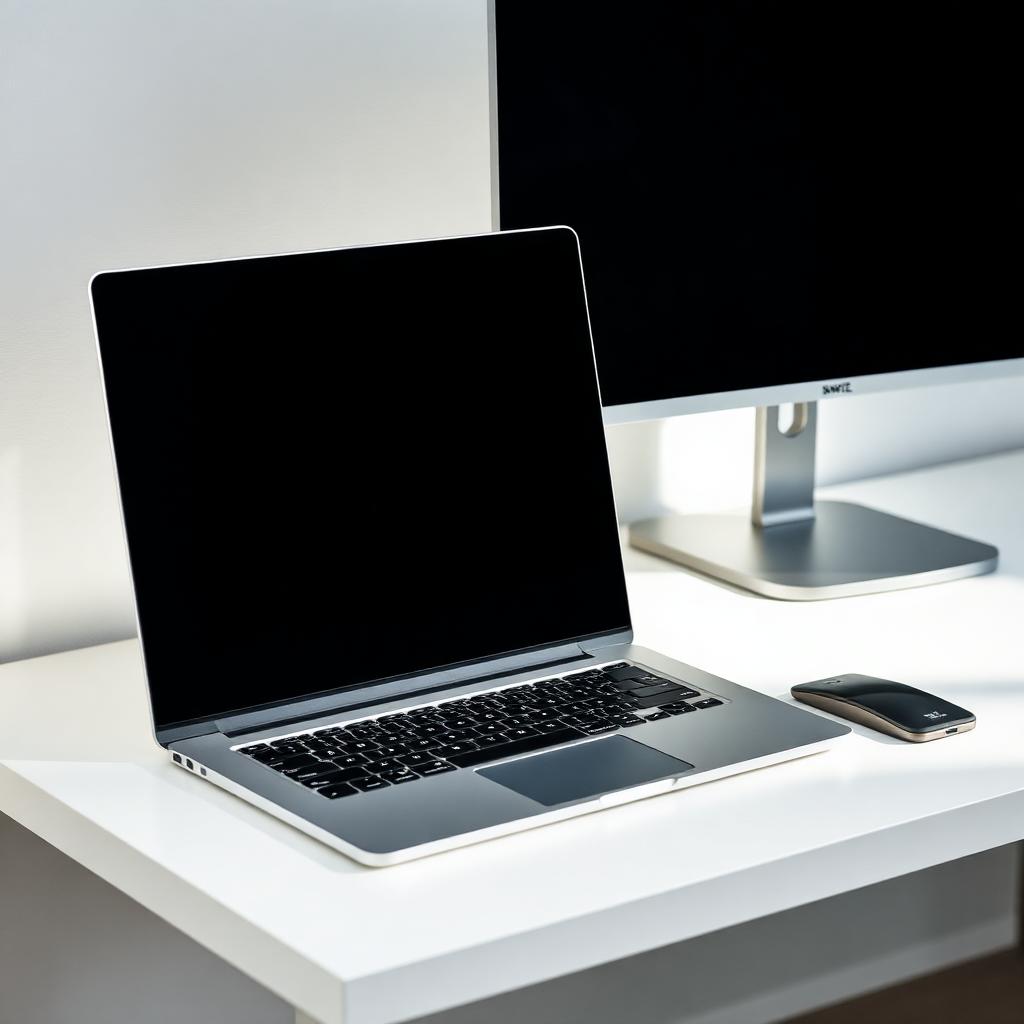 Notebook prateado aberto sobre uma mesa branca ao lado de um monitor
