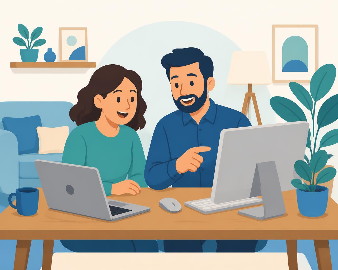 Ilustração de um especialista sentado à mesa ajudando uma cliente com um notebook e um computador